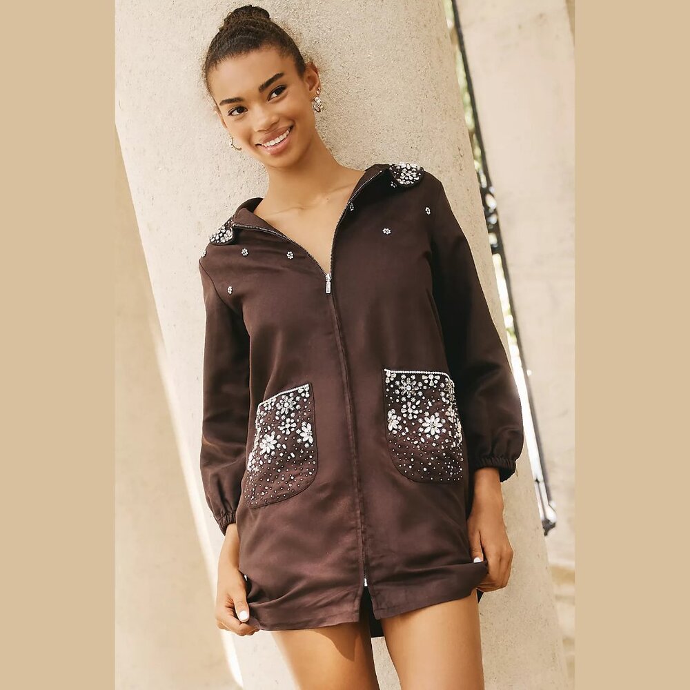 NEW TAKE Sizes S, M, L Women's Faux-Suede Embellished Mini Shirt Dress - Taupe